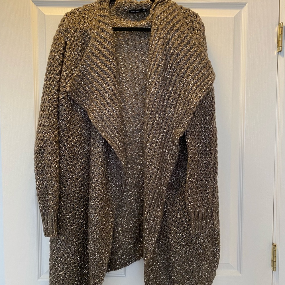 Solutions! Long Cardigan-Brown/Beige Large Knit Open Front Women Large